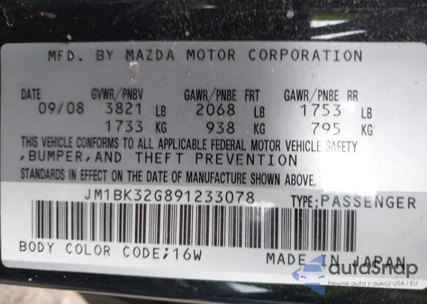 2009 Mazda Mazda3 I from USA, damaged, VIN JM1BK32G891233078
